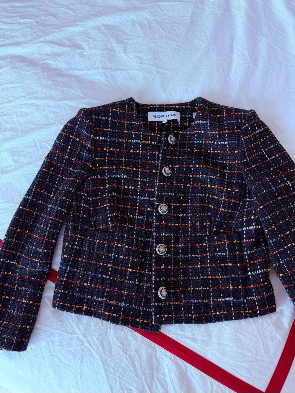 Veronica Beard Navy Multicolor Tweed Collarless Blazer - Picture 5 of 6